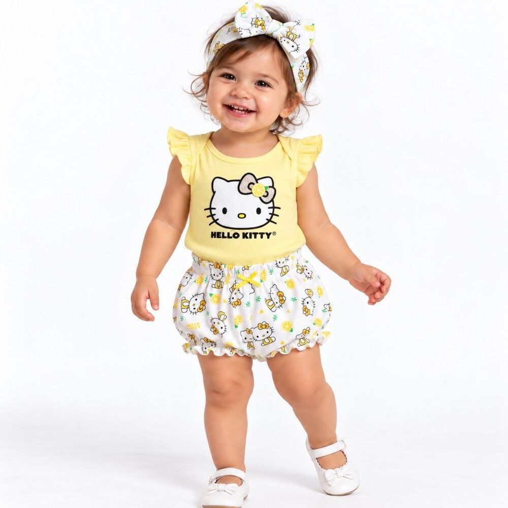 Hello Kitty Baby Girls Lemon 3-Piece Onesie Shorts Headband Set Size 18M